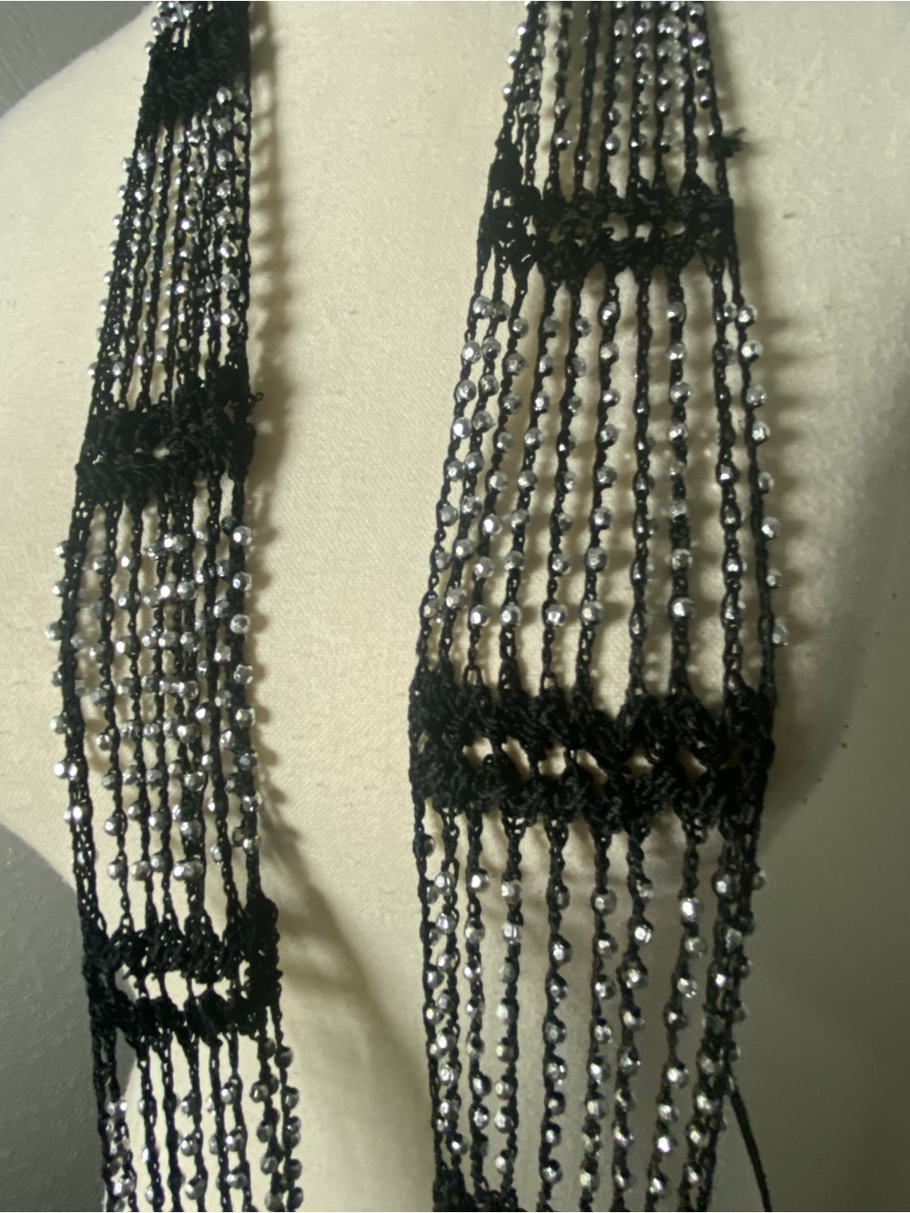 Y2K Black & Silver Beaded Crochet Fringe Skinny Scarf - Picture 4 of 5